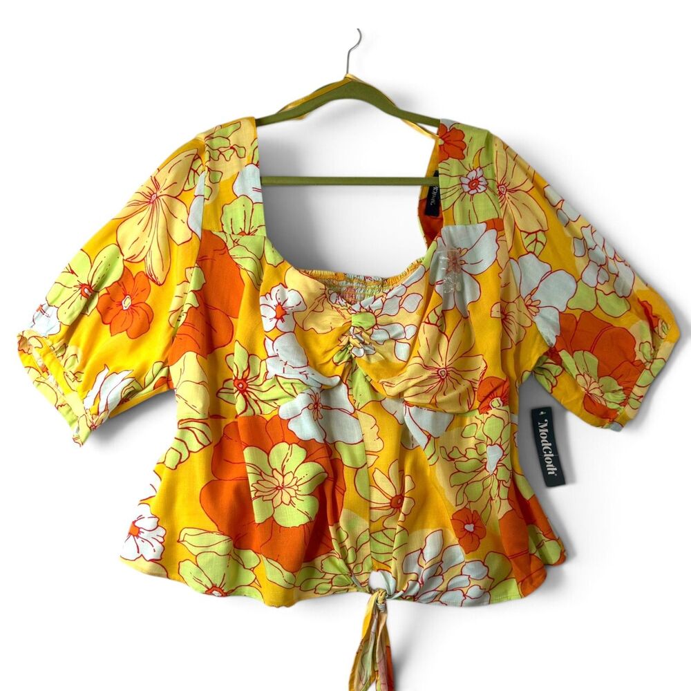 modcloth retro 70s floral peasant blouse boho puff sleeve tie front top 4xl nwt